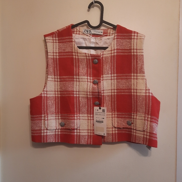 Zara Textured Waistcoat Vest Top Sleeveless Red White - Picture 5 of 14